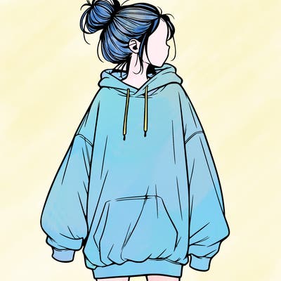 realistic girl with a oversized sweatshirt on and a bun