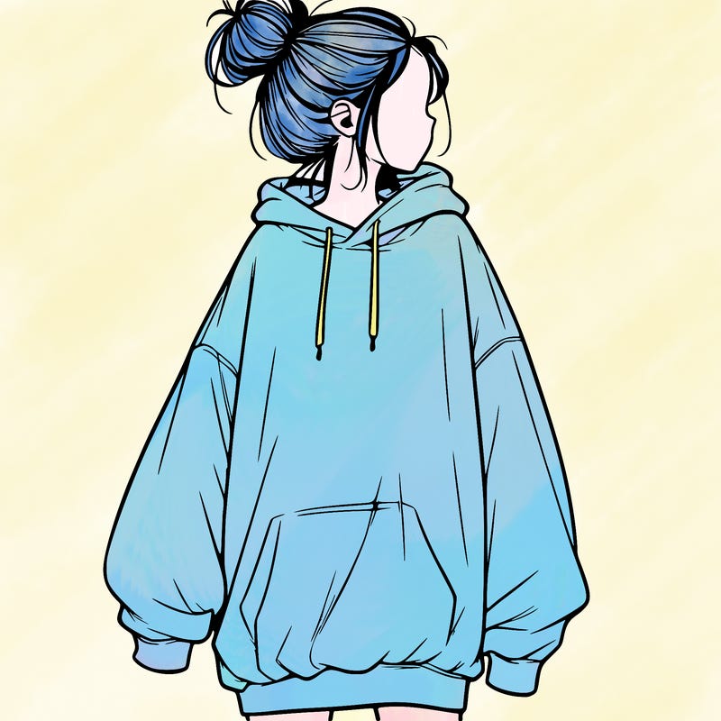 realistic girl with a oversized sweatshirt on and a bun