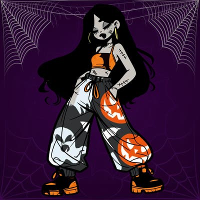 girl in baggy pants crop top and long hair