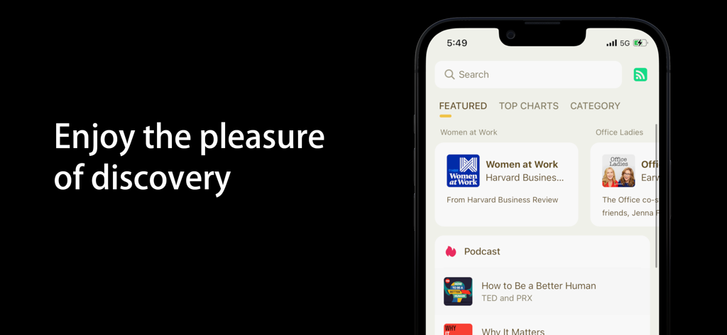 Moon FM - The Podcasts App - Tela de descoberta do aplicativo de podcast Moon FM mostrando podcasts em destaque e categorias
