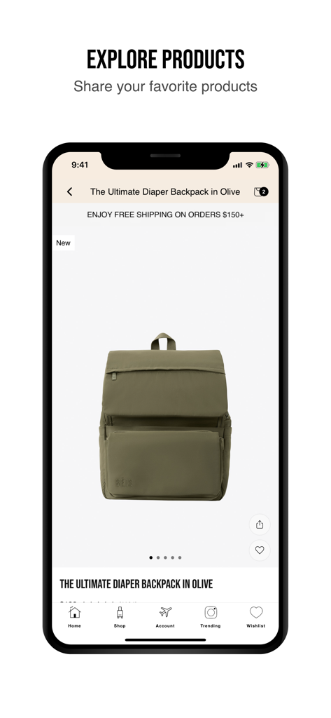 BÉIS - BEIS app product page displaying an olive green diaper backpack