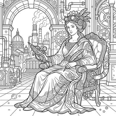 Step into a world where classical beauty meets futuristic mechanics with this stunning Renaissance Steampunk coloring page. Discover intricate details, from gears and gadgets to elegant attire, waiting for your creative touch.