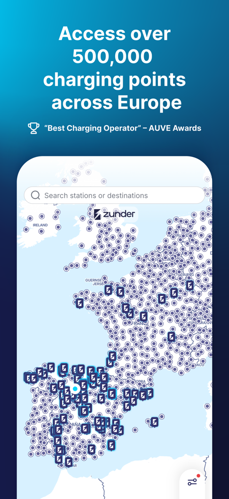 Zunder app interface showing a map of Europe with thousands of electric vehicle charging points