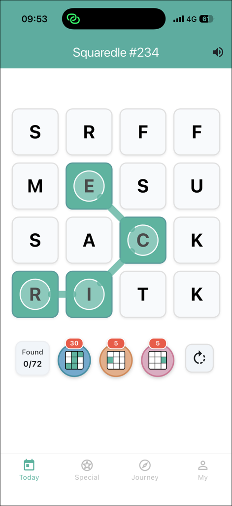 Squaredle - Ein minimalistisches 4x4 Buchstabenraster in der Squaredle-App, das das Wort RICE mit einem grünen Hervorhebungspfad zeigt