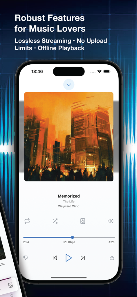 iBroadcast music player interface with lossless streaming and offline playback features