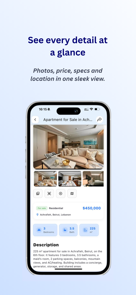 DoorEast - Lebanon Real Estate - Visualização de detalhes de propriedade do aplicativo DoorEast para um apartamento residencial em Beirute, Líbano