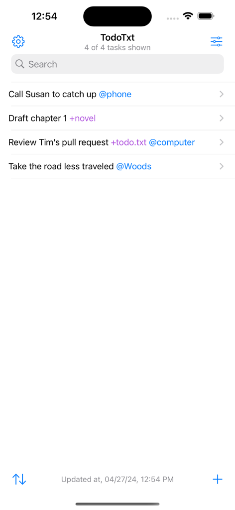 TodoTxt++ - TodoTxt plus plus main screen showing a list of tasks with context and project tags