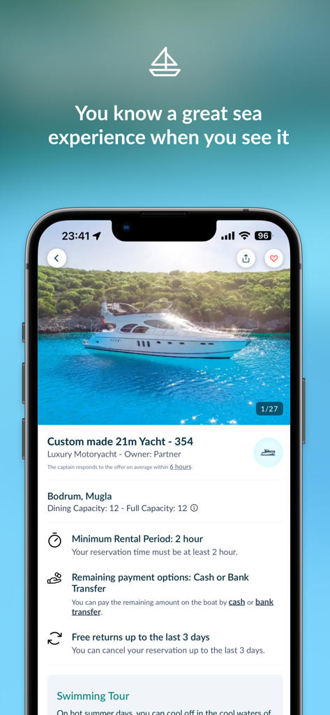 Teknevia - Boat&Yacht Rentals - Tekneviaモバイルアプリに、ボドルムの高級ヨットレンタルリストと予約詳細が表示されています
