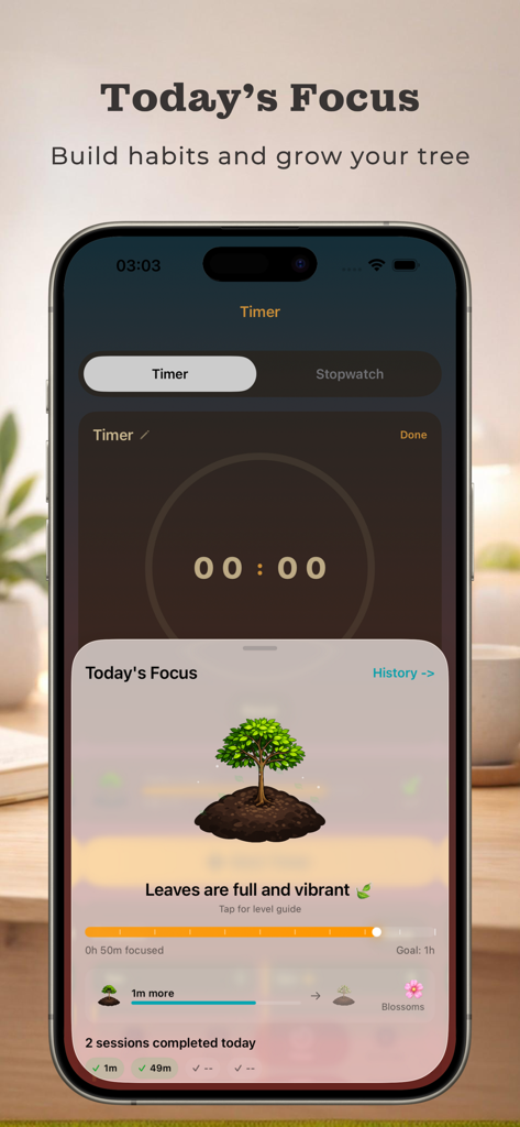 Flipora app focus timer screen showing a gamified tree growth feature for building productivity habits
