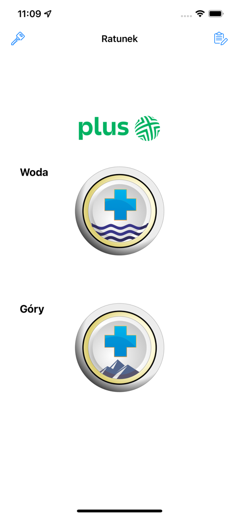 Ratunek app interface with emergency rescue buttons for water and mountains