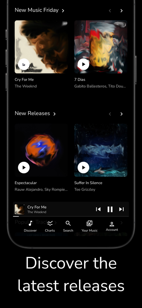 Freefy - Interfaccia dell'app mobile Freefy che mostra "New Music Friday" e le ultime uscite