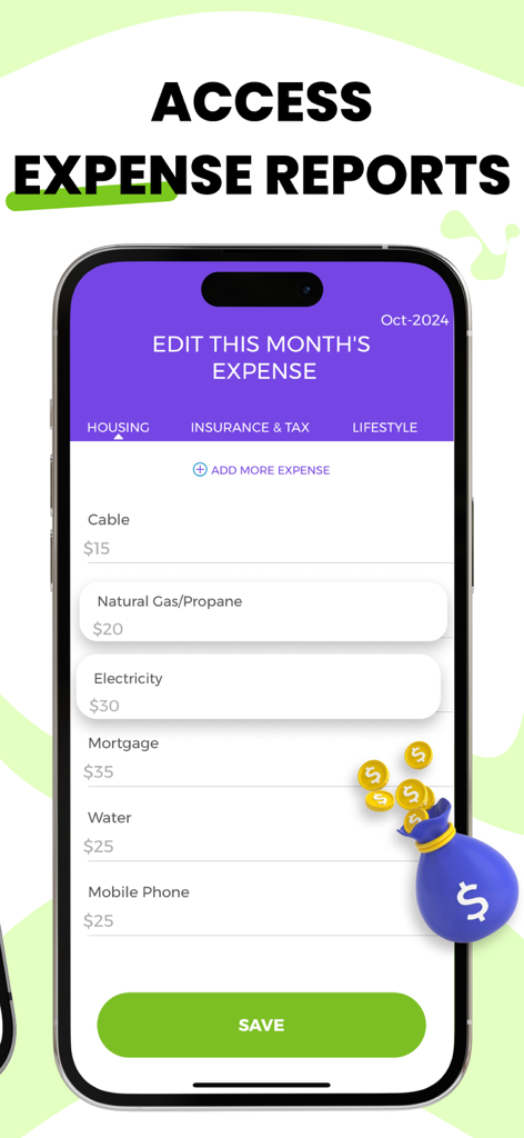 Pantalla de app móvil mostrando un rastreador de gastos mensual con categorías para vivienda y servicios públicos y un botón de guardar