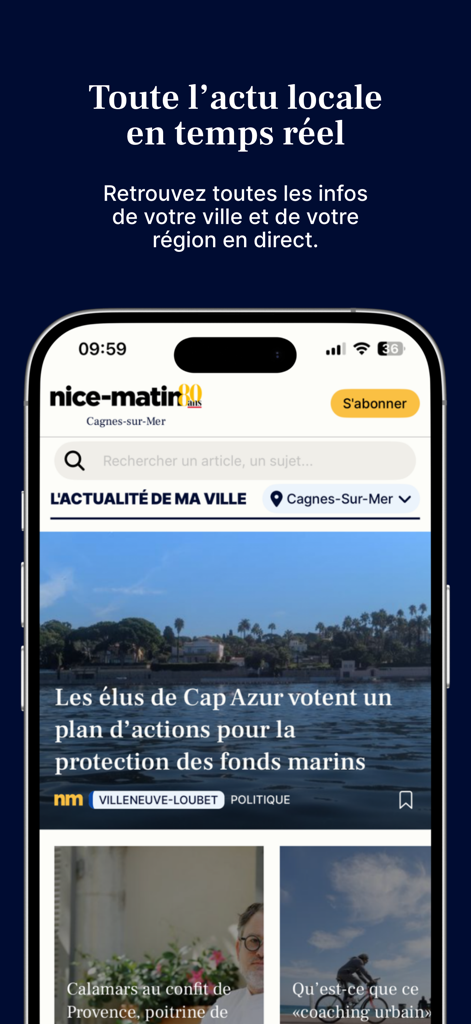 NVM : Info Nice, Var, Monaco - NVM mobile app home screen showing local news headlines from Nice and the French Riviera