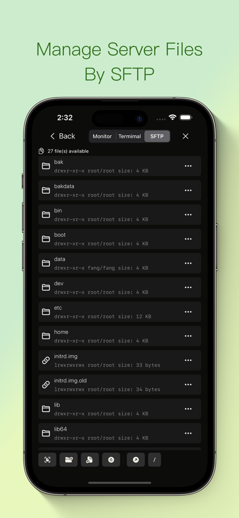 ShellBeanアプリのインターフェース。iPhone上でSFTP経由のリモートサーバーファイル管理を表示しています。
