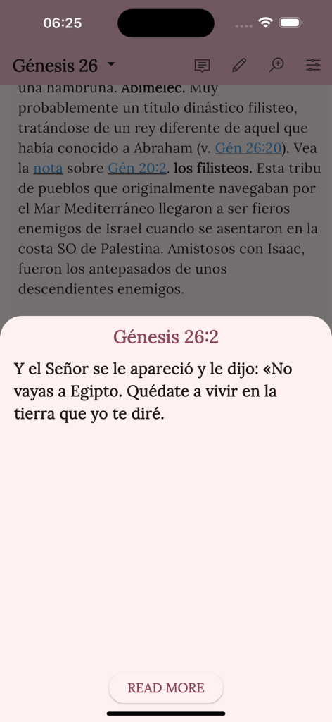 Biblia Estudio de MacArthur - Spanish language Bible study app showing a verse preview for Genesis 26
