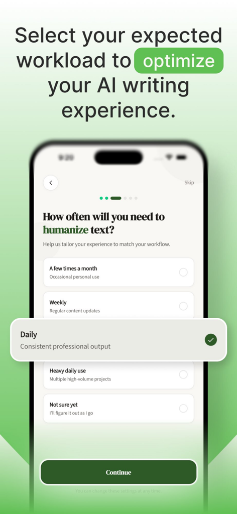 Undetectable AI:Stealth Writer - Setup screen in Undetectable AI app showing options for how often to humanize text