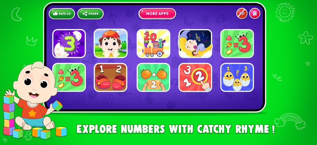 Main menu of Kids Number Games app showing educational mini games for counting addition and number recognition