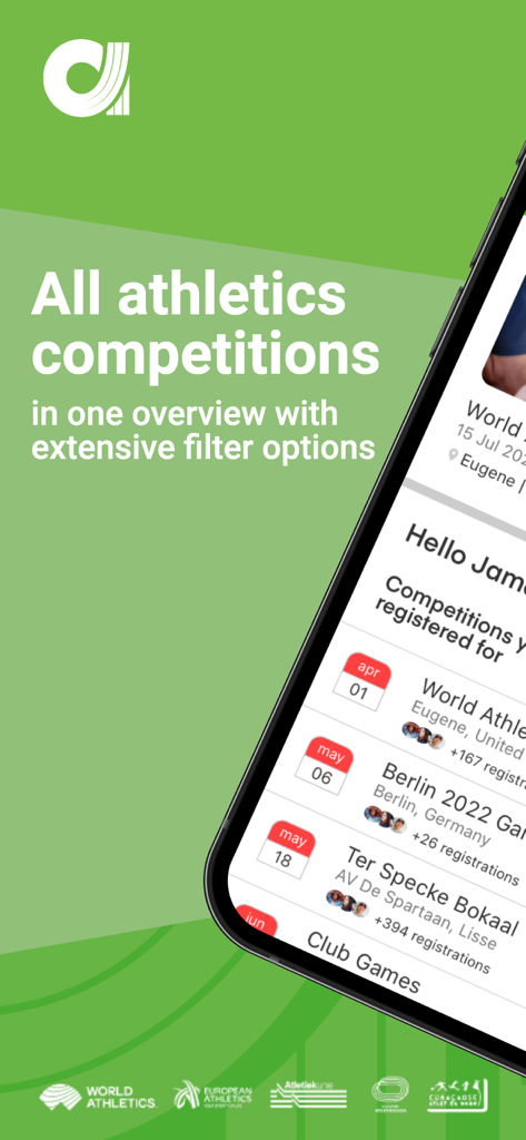 Athletics app screenshot showing a list of track and field competitions with dates and filter options