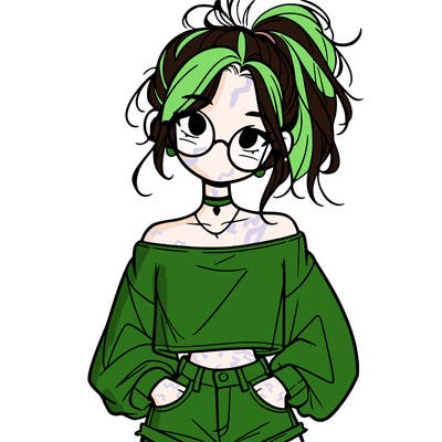 girl with a messy ponytail glasses a baggy crop top and jean shorts