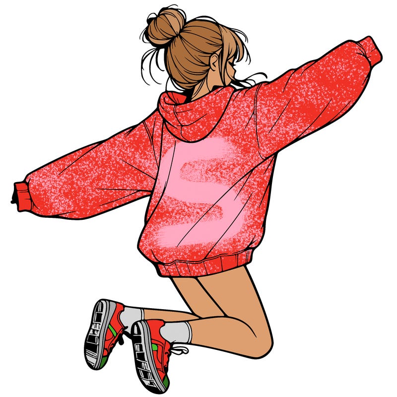 realistic girl jumping with a bun and oversized sweatshirt