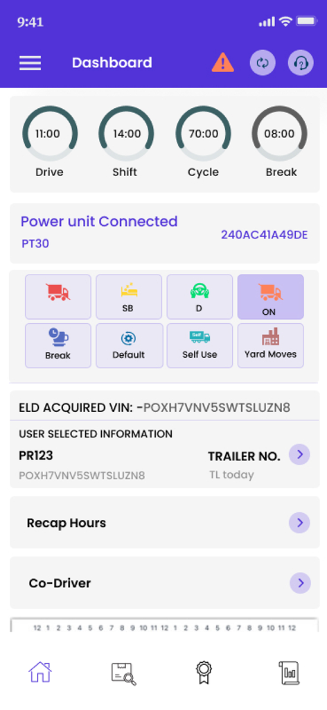 Dashboard of the ELDMandate HOS app showing driving timers and duty status buttons.
