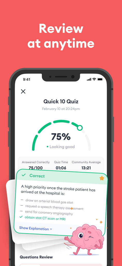 Interface do aplicativo de Prática para o Exame ACLS mostrando um painel de resultados de quiz e uma resposta médica correta revisada