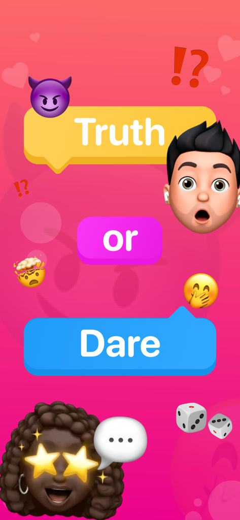 Truth or Dare? Party & Couple - The Truth or Dare party and couple app interface featuring colorful speech bubbles and playful character emojis.