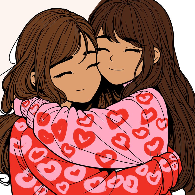realistic two girls hugging