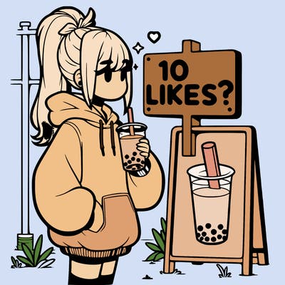 girl with oversized hoodie drinking boba and she has a high ponytail with a sign that says 10likes?