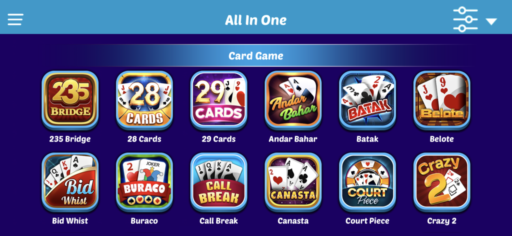 브리지, 카나스타, 비드 휘스트와 같은 다양한 오프라인 카드 게임을 보여주는 메뉴 화면