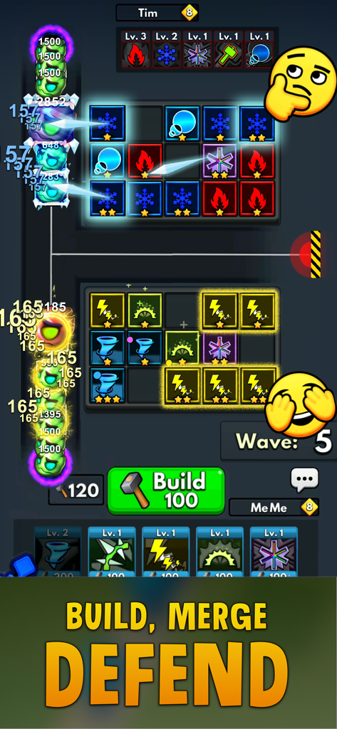 Merge Clash: Tower Defense - Merge Clash Tower Defense mobile gameplay showing a PvP match with tower merging and building mechanics