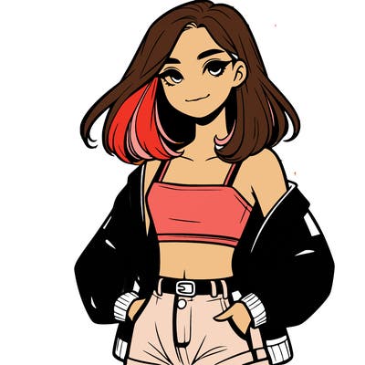 a realistic girl with a crop top and short shorts in an open jacket