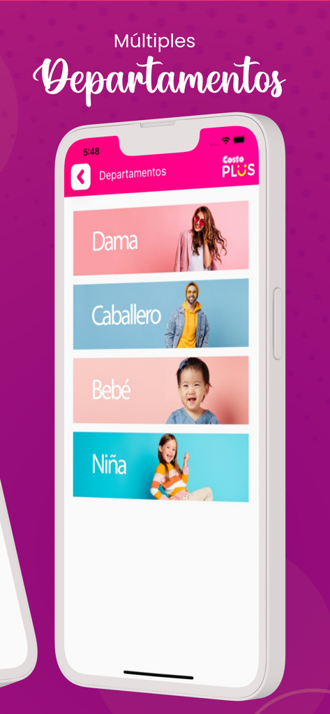 Costo Plus - Pantalla de la app Costo Plus mostrando departamentos de compras para mujer, hombre, bebés y niñas