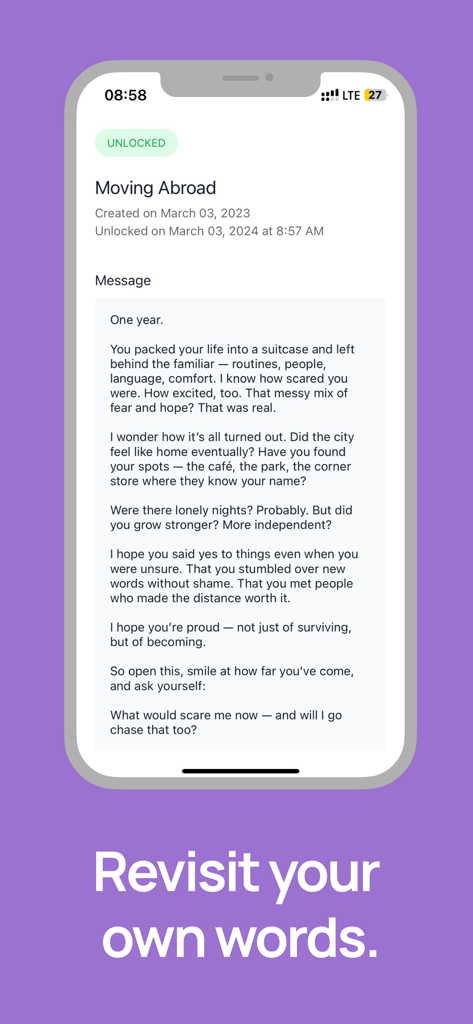 A smartphone screen displaying an unlocked digital time capsule message with reflective text titled Moving Abroad.