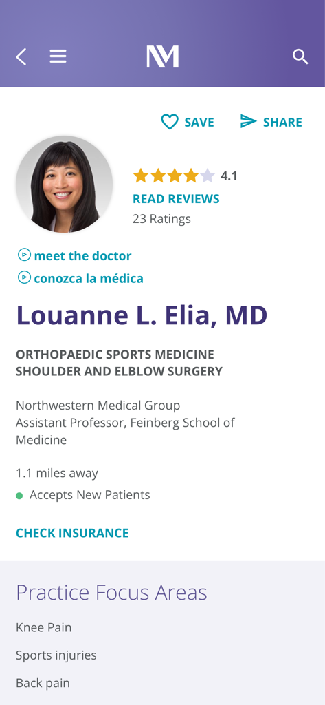 MyNM by Northwestern Medicine - Physician profile page in the MyNM app showing Dr Louanne L Elia orthopaedic sports medicine specialist details