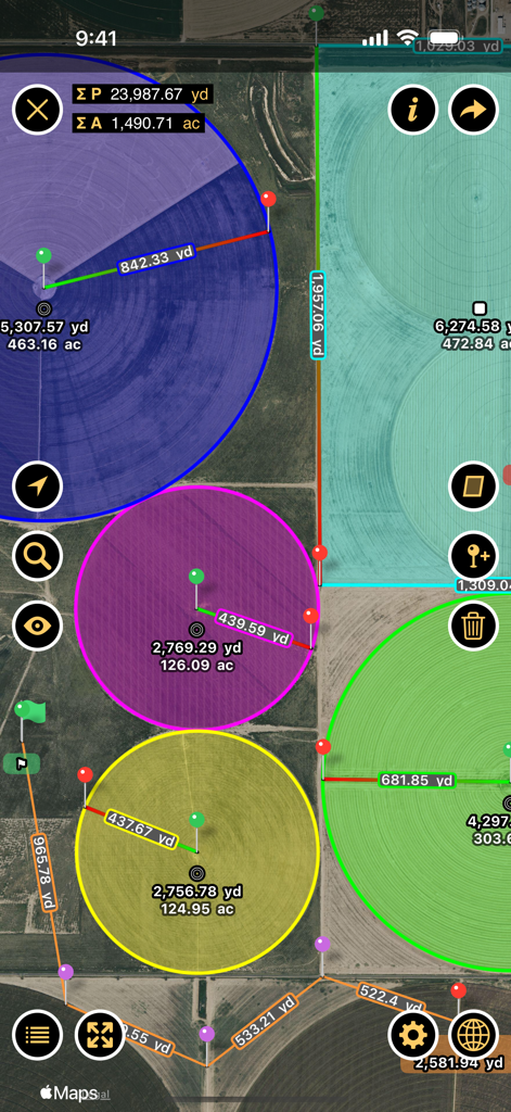 Visão de mapa de satélite no aplicativo Planimeter mostrando campos agrícolas circulares com medições de área em acres e perímetro em jardas