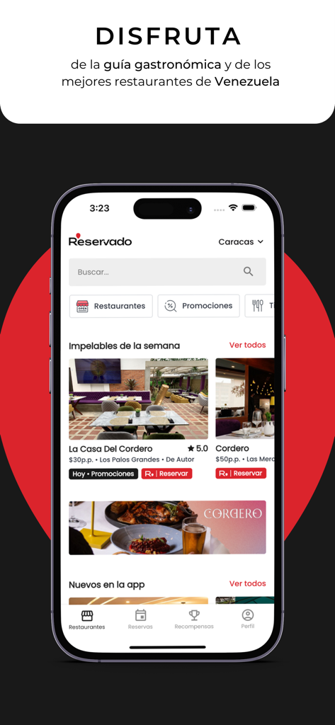 Schermata principale dell'app di prenotazione ristoranti Reservado su un iPhone