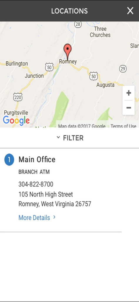 Ecrã móvel da aplicação do FNB Bank mostrando localizações de agências e caixas automáticos num mapa em Romney, West Virginia