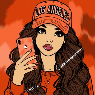 realistic beautiful girl wearing los ángeles cap holding an iphone