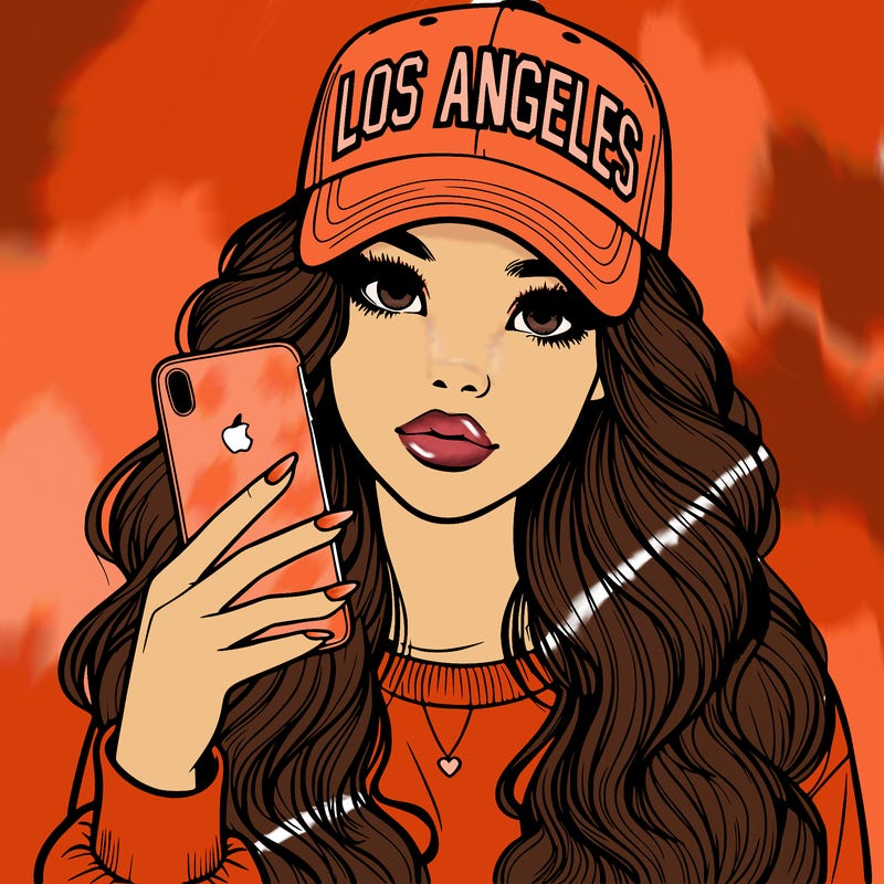 realistic beautiful girl wearing los ángeles cap holding an iphone