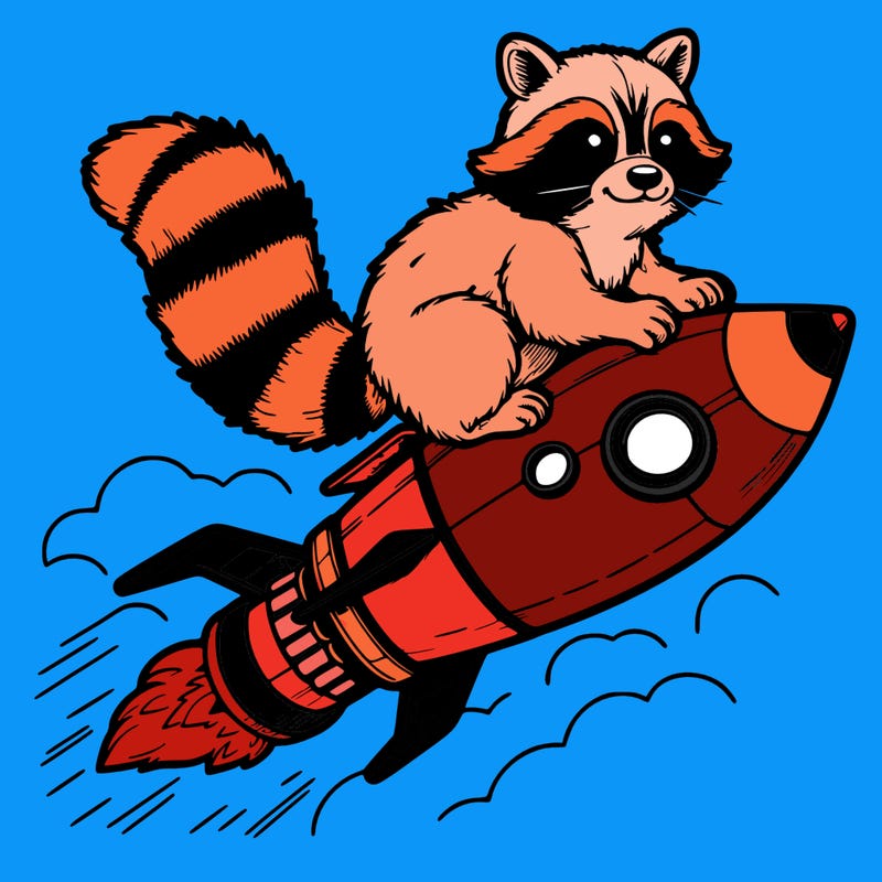realistic raccoon flying on top rocket ship