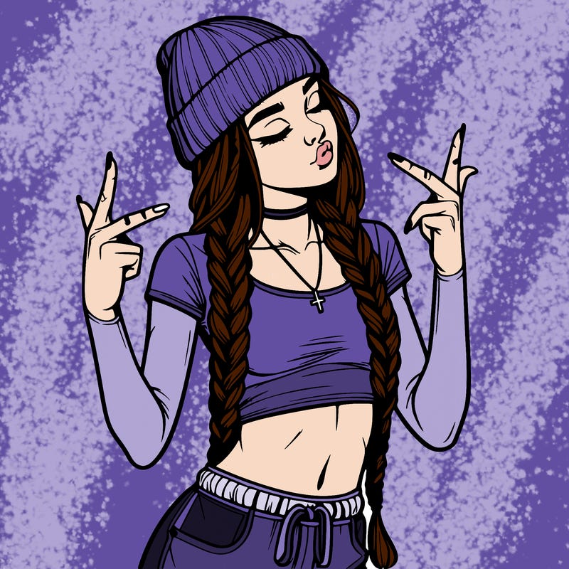 realistic teenage girl with braids and a beanie and crop top doing 🫶🏼