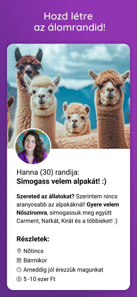 Randivonal App-Bildschirm, der einen Traumdatum-Vorschlag zum Alpakas-Streicheln von einer Benutzerin namens Hanna zeigt.