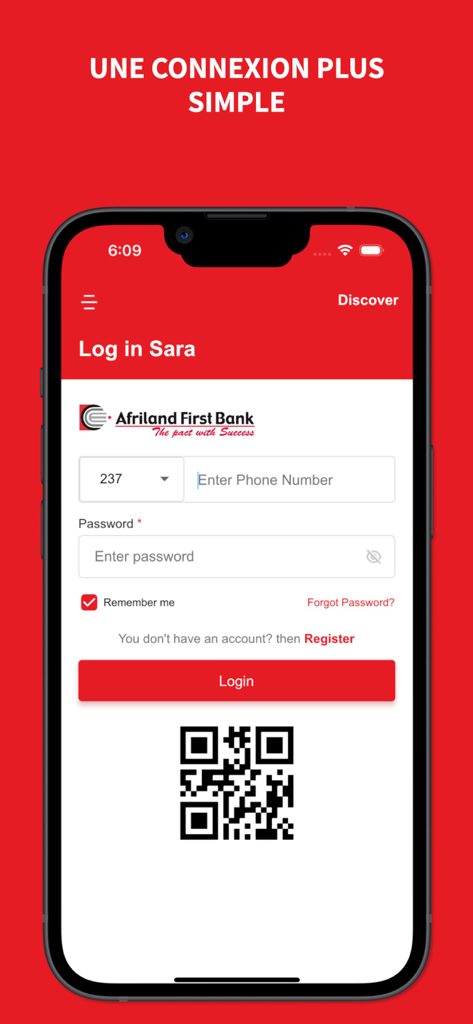 Écran de connexion mobile pour SARA by Afriland First Bank présentant les champs numéro de téléphone et mot de passe avec une option de code QR.