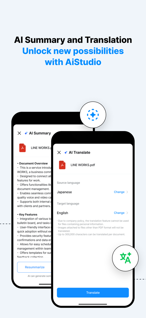 Telas do aplicativo móvel LINE WORKS Drive mostrando resumo de documentos com IA e recursos de tradução de idiomas