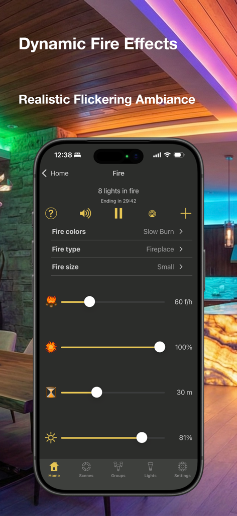 iPhone displaying the Hue Lights app fire effect settings for smart home lighting