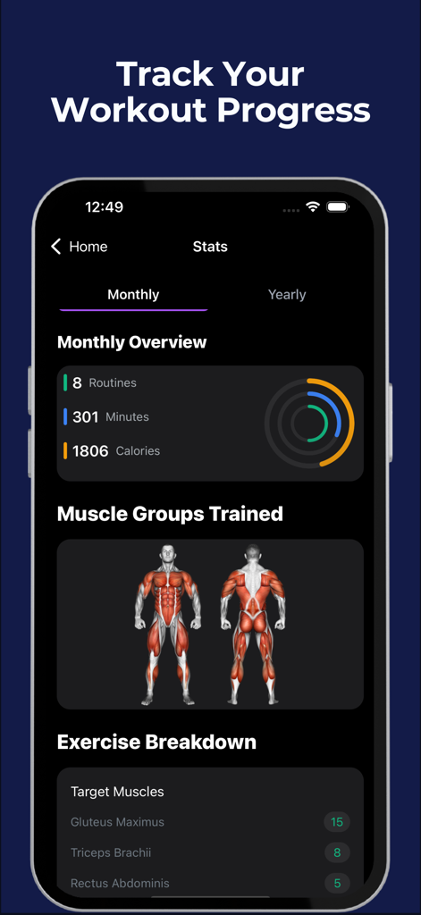 LoadMuscle: AI Workout Planner - LoadMuscle app dashboard showing monthly workout statistics and muscle group visualization