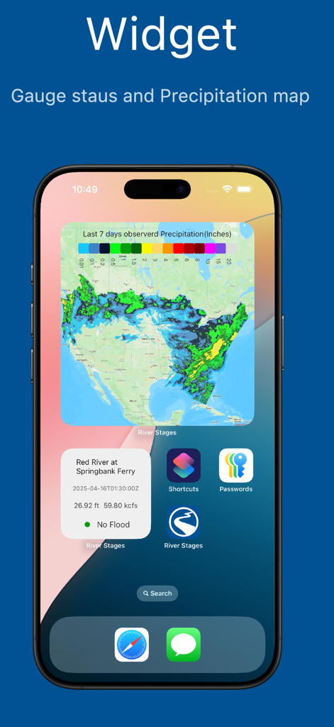 Pantalla de inicio de iPhone que muestra widgets para el estado del medidor del río y mapas de precipitación observada