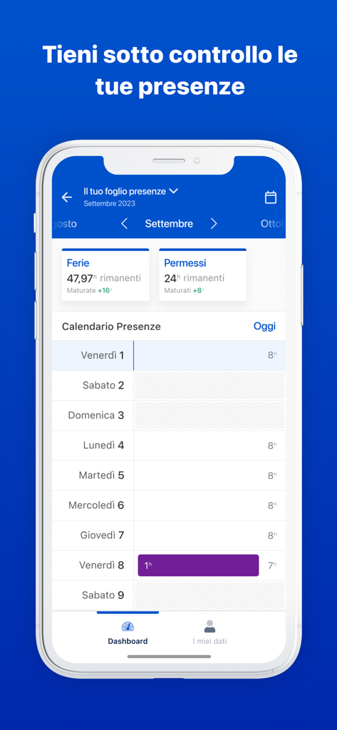 Tela do smartphone mostrando o controle de presença e saldos de férias no aplicativo Dipendenti in Cloud.