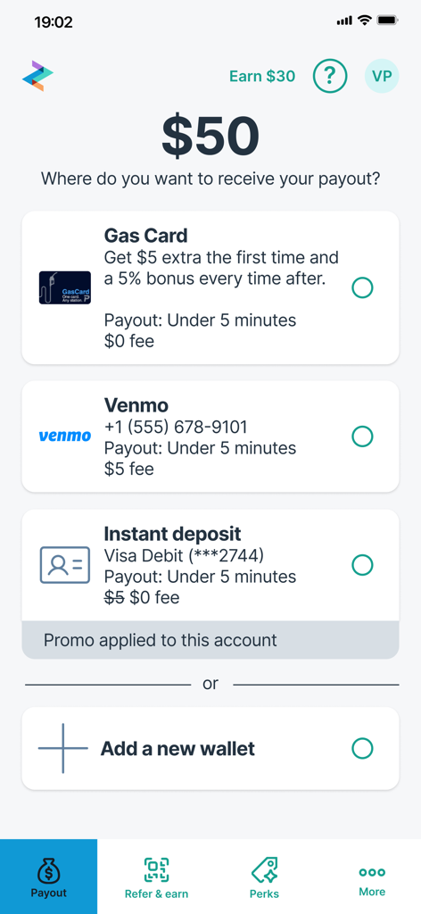 A mobile app screen showing payout options for earned wages including Gas Card, Venmo, and instant deposit